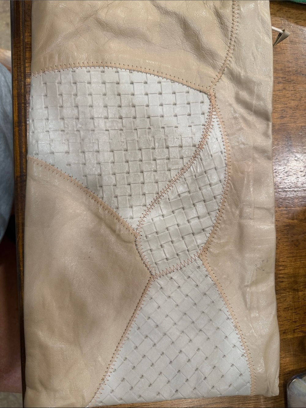 Neutral Beige & White Woven Leather Clutch